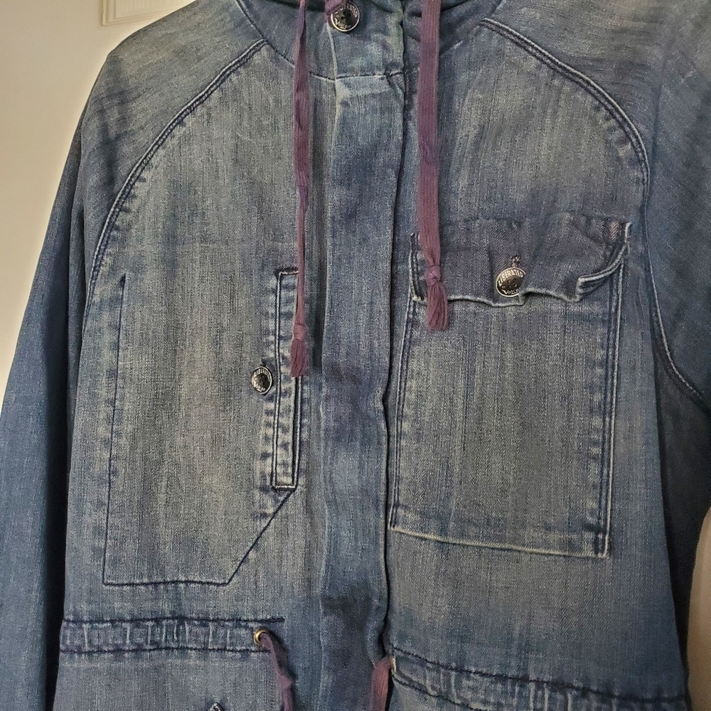 Vintage Volcom Denim Flannel Jacket Full Zip + Button Hooded Heavyweight Size 32 - Picture 8 of 16